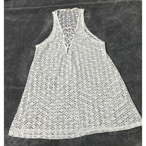 Boho Miken Swim White Lace Crochet Cover Up Dress Lace Up V-Neck Beach Vacation